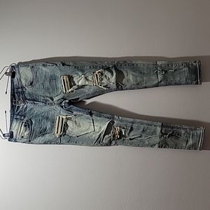 SERENEDE Patchwork Streetwear Earth Tone Serenity Prayer Distressed Skinny Jeans